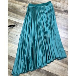 ZARA Emerald Green Satin Pleated Midi Skirt Women's Size M Asymmetrical High Low